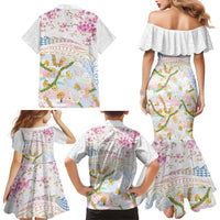 Hawaiian and Japanese Culture Together Family Matching Mermaid Dress and Hawaiian Shirt Tribal Motifs with Lei and Japanese Sakura Pattern LT03 - Polynesian Pride
