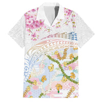Hawaiian and Japanese Culture Together Family Matching Mermaid Dress and Hawaiian Shirt Tribal Motifs with Lei and Japanese Sakura Pattern LT03 Dad's Shirt - Short Sleeve White - Polynesian Pride