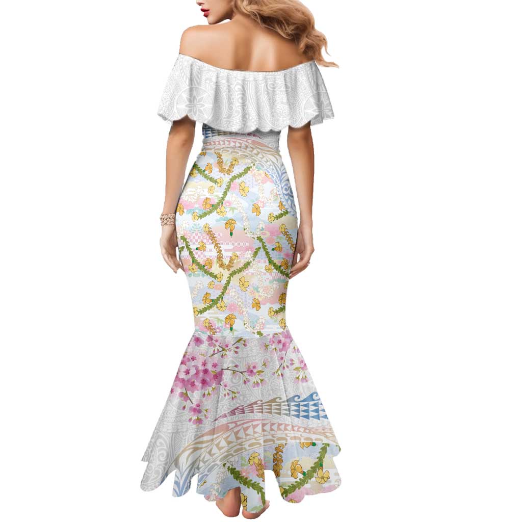 Hawaiian and Japanese Culture Together Family Matching Mermaid Dress and Hawaiian Shirt Tribal Motifs with Lei and Japanese Sakura Pattern LT03 - Polynesian Pride