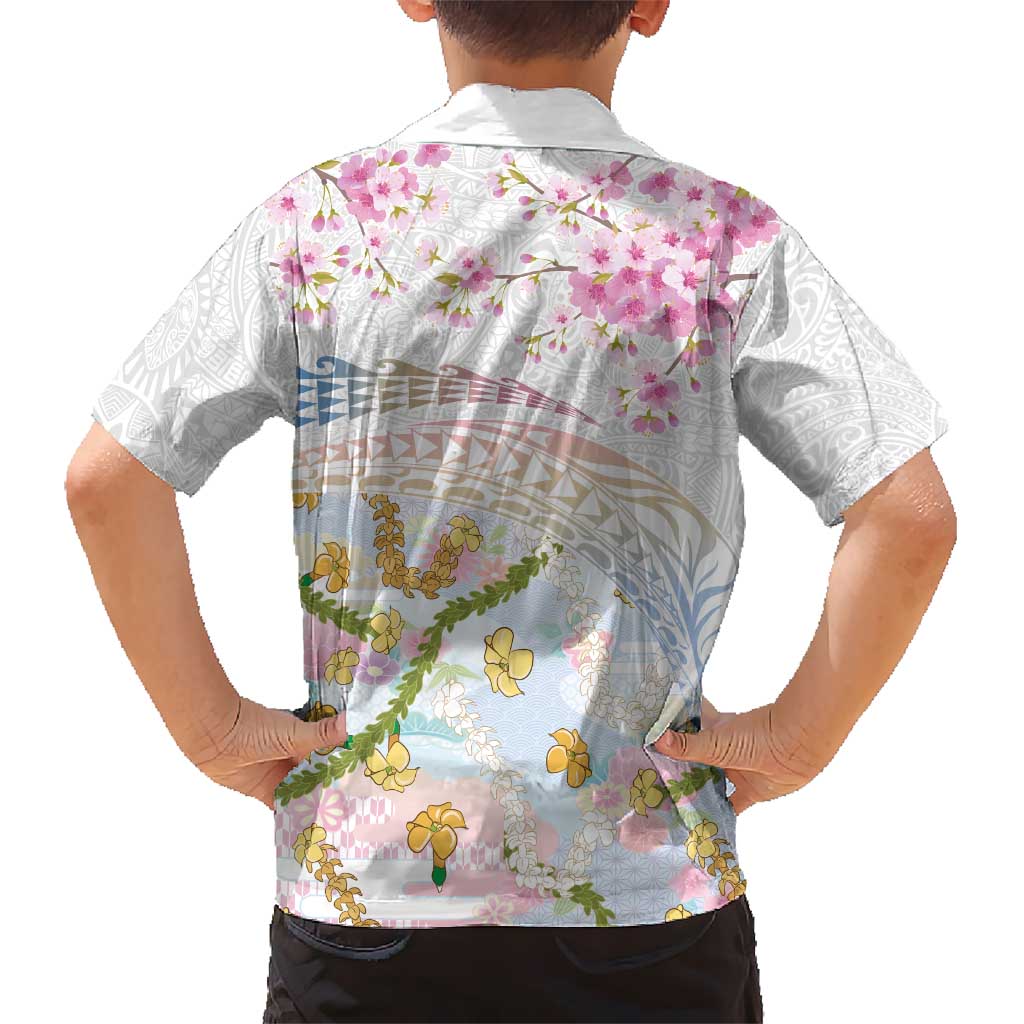 Hawaiian and Japanese Culture Together Family Matching Off The Shoulder Long Sleeve Dress and Hawaiian Shirt Tribal Motifs with Lei and Japanese Sakura Pattern LT03 - Polynesian Pride