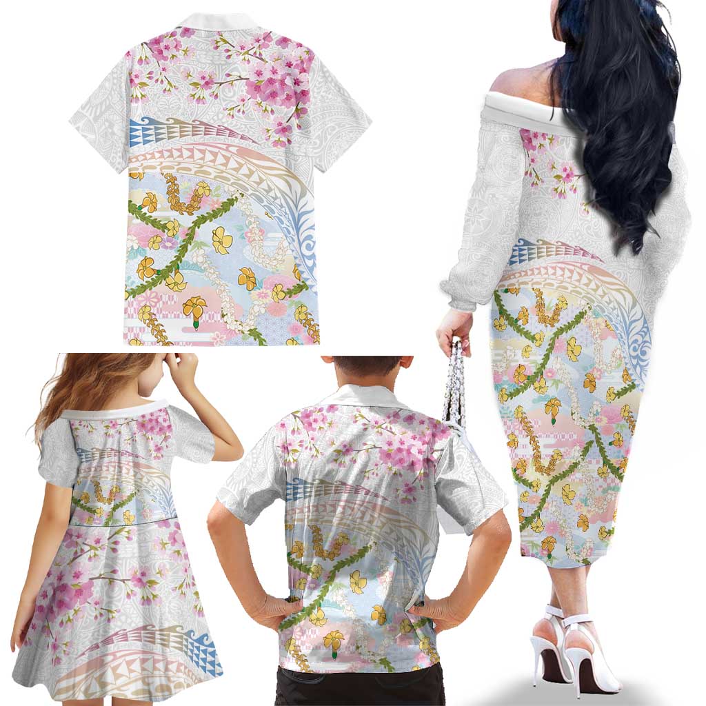 Hawaiian and Japanese Culture Together Family Matching Off The Shoulder Long Sleeve Dress and Hawaiian Shirt Tribal Motifs with Lei and Japanese Sakura Pattern LT03 - Polynesian Pride