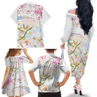 Hawaiian and Japanese Culture Together Family Matching Off The Shoulder Long Sleeve Dress and Hawaiian Shirt Tribal Motifs with Lei and Japanese Sakura Pattern LT03 - Polynesian Pride