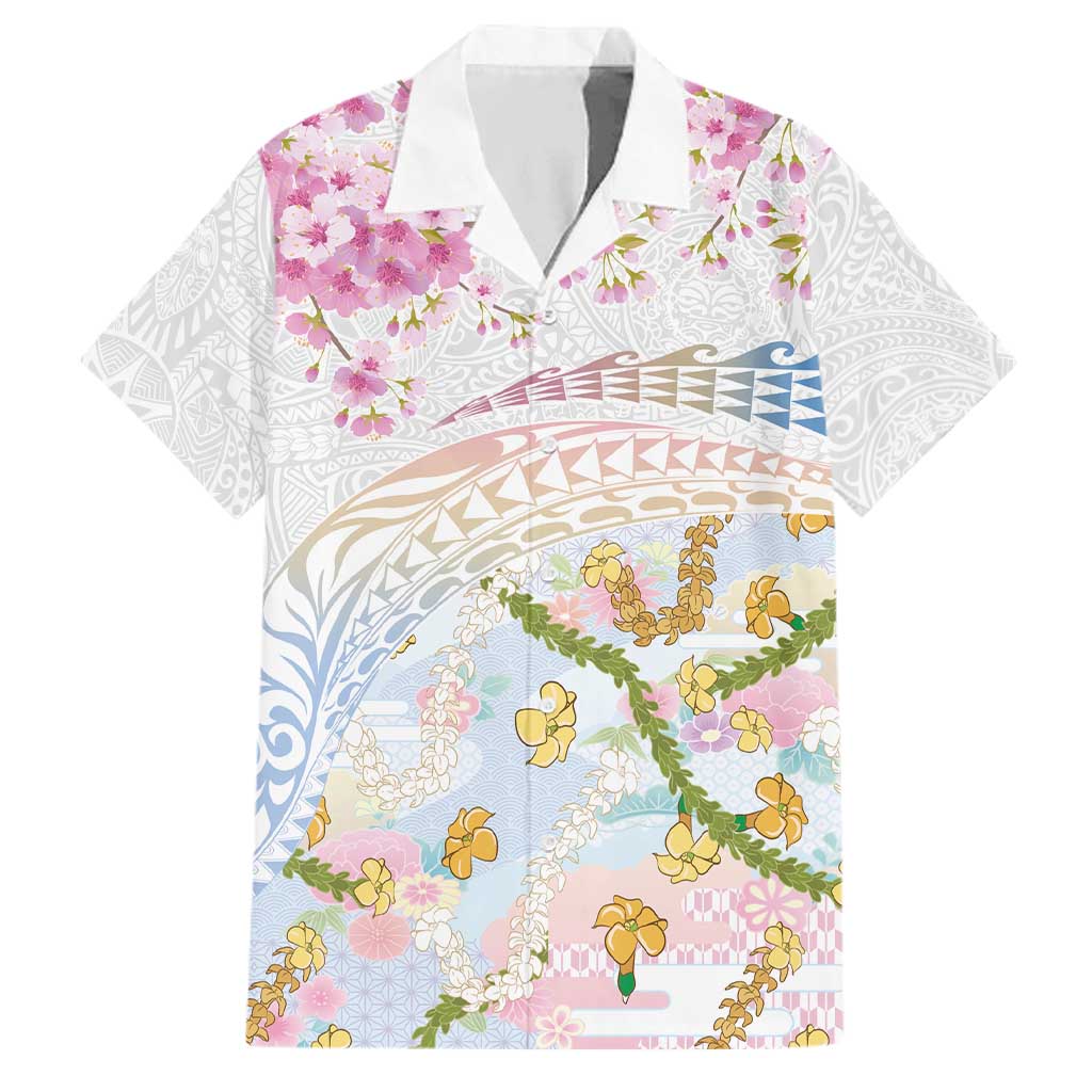 Hawaiian and Japanese Culture Together Family Matching Off The Shoulder Long Sleeve Dress and Hawaiian Shirt Tribal Motifs with Lei and Japanese Sakura Pattern LT03 Dad's Shirt - Short Sleeve White - Polynesian Pride