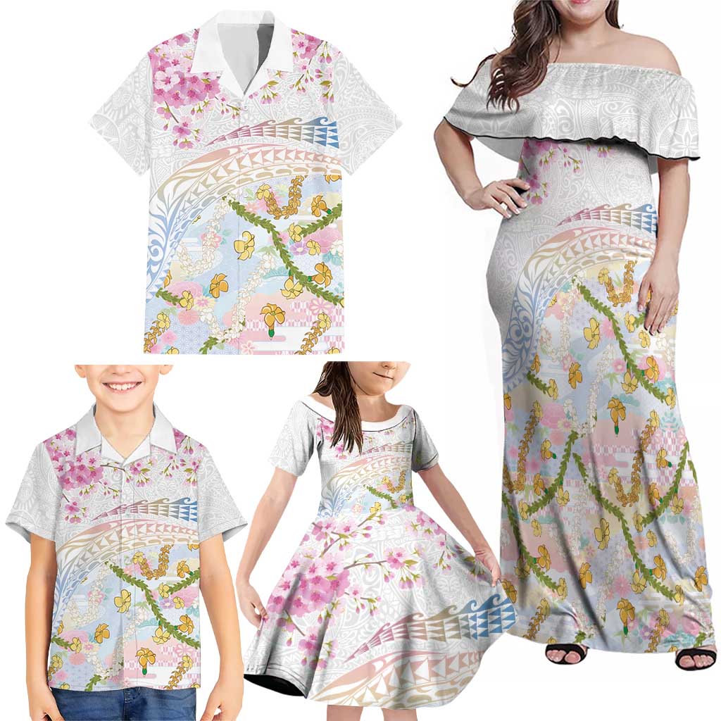 Hawaiian and Japanese Culture Together Family Matching Off Shoulder Maxi Dress and Hawaiian Shirt Tribal Motifs with Lei and Japanese Sakura Pattern LT03 - Polynesian Pride