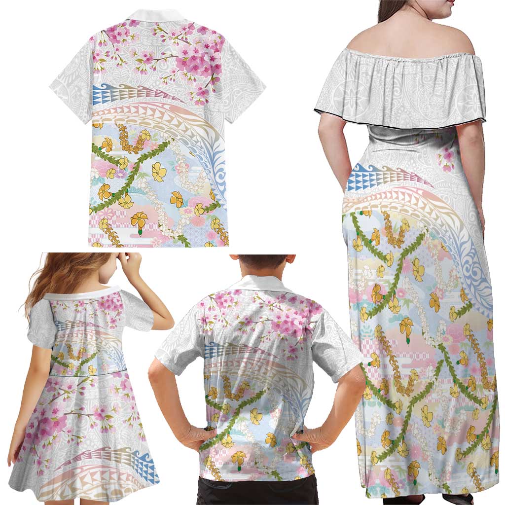 Hawaiian and Japanese Culture Together Family Matching Off Shoulder Maxi Dress and Hawaiian Shirt Tribal Motifs with Lei and Japanese Sakura Pattern LT03 - Polynesian Pride