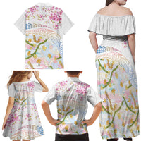 Hawaiian and Japanese Culture Together Family Matching Off Shoulder Maxi Dress and Hawaiian Shirt Tribal Motifs with Lei and Japanese Sakura Pattern LT03 - Polynesian Pride