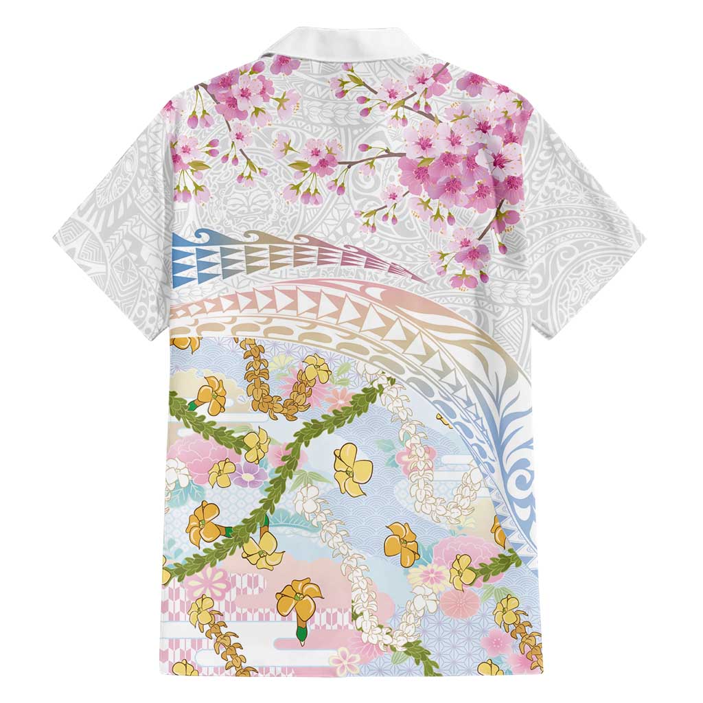 Hawaiian and Japanese Culture Together Family Matching Off Shoulder Maxi Dress and Hawaiian Shirt Tribal Motifs with Lei and Japanese Sakura Pattern LT03 - Polynesian Pride