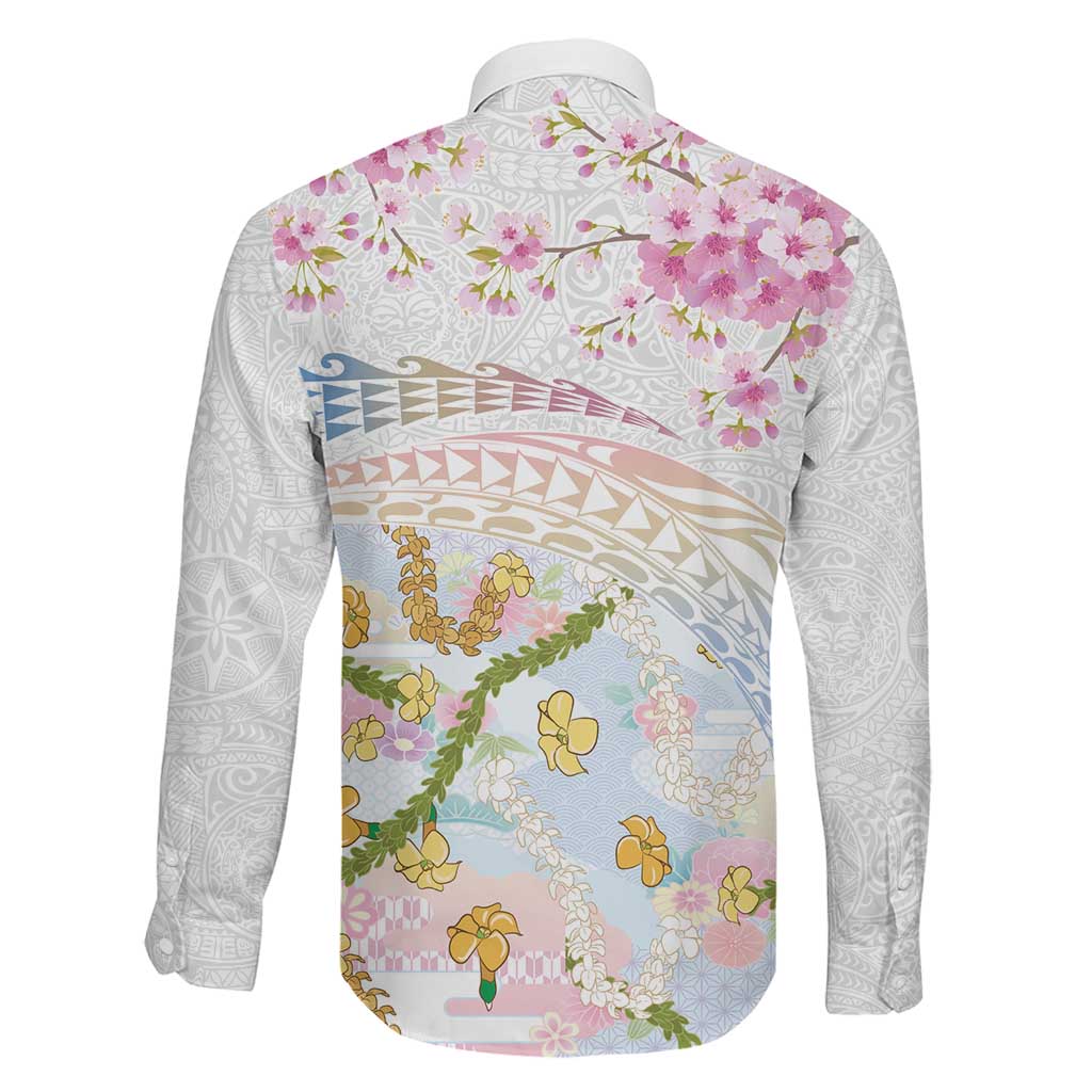 Hawaiian and Japanese Culture Together Family Matching Off Shoulder Maxi Dress and Hawaiian Shirt Tribal Motifs with Lei and Japanese Sakura Pattern LT03 - Polynesian Pride