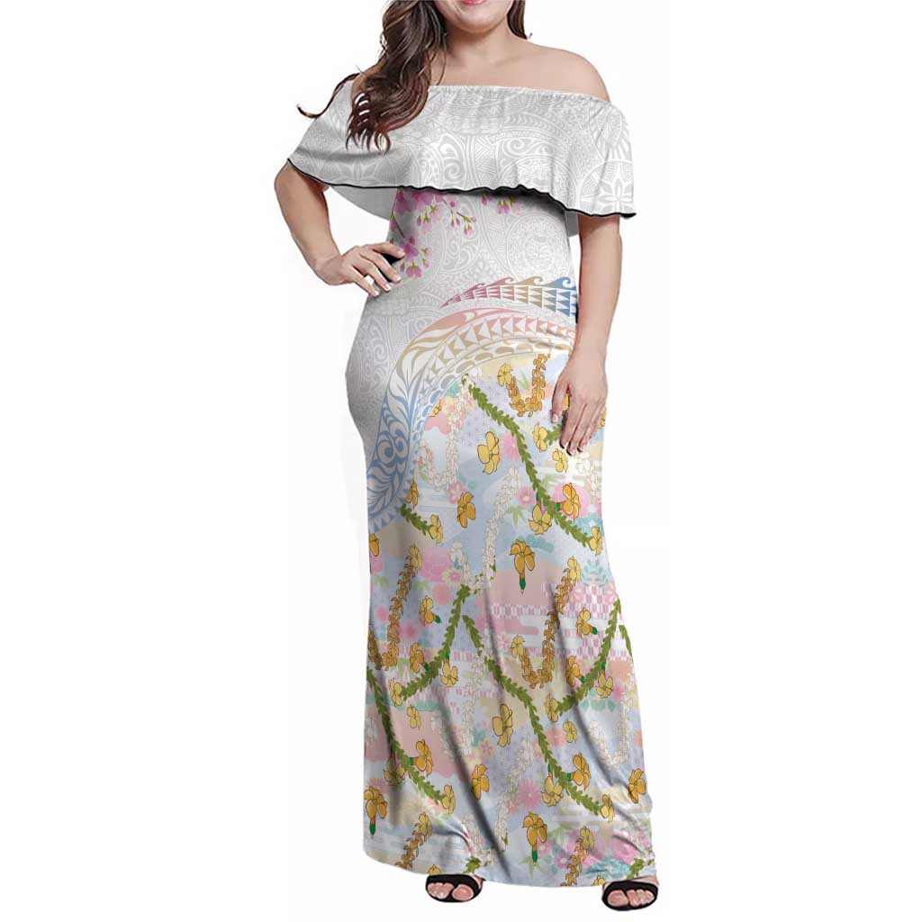 Hawaiian and Japanese Culture Together Family Matching Off Shoulder Maxi Dress and Hawaiian Shirt Tribal Motifs with Lei and Japanese Sakura Pattern LT03 Mom's Dress White - Polynesian Pride