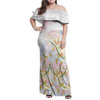 Hawaiian and Japanese Culture Together Family Matching Off Shoulder Maxi Dress and Hawaiian Shirt Tribal Motifs with Lei and Japanese Sakura Pattern LT03 Mom's Dress White - Polynesian Pride