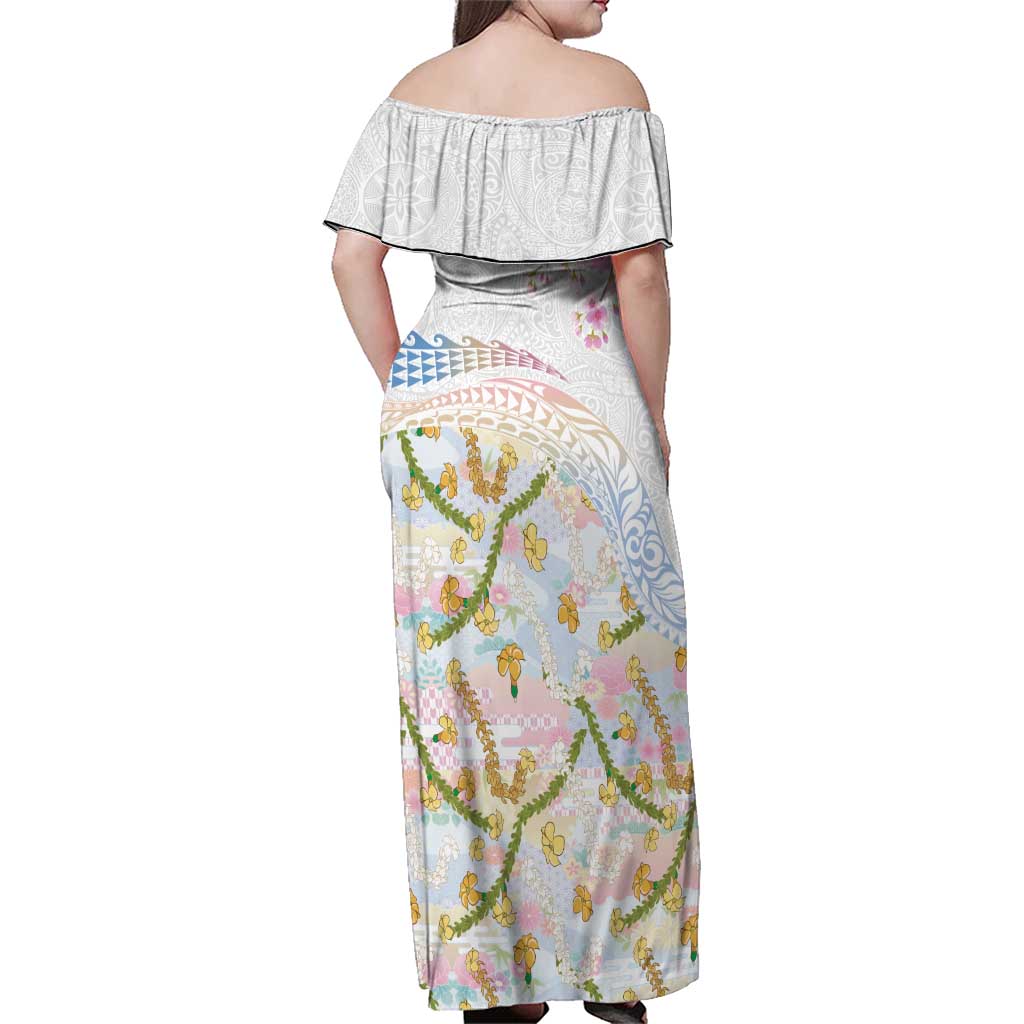 Hawaiian and Japanese Culture Together Family Matching Off Shoulder Maxi Dress and Hawaiian Shirt Tribal Motifs with Lei and Japanese Sakura Pattern LT03 - Polynesian Pride
