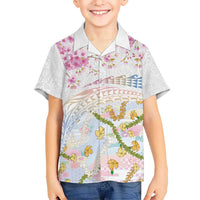 Hawaiian and Japanese Culture Together Family Matching Off Shoulder Maxi Dress and Hawaiian Shirt Tribal Motifs with Lei and Japanese Sakura Pattern LT03 Son's Shirt White - Polynesian Pride