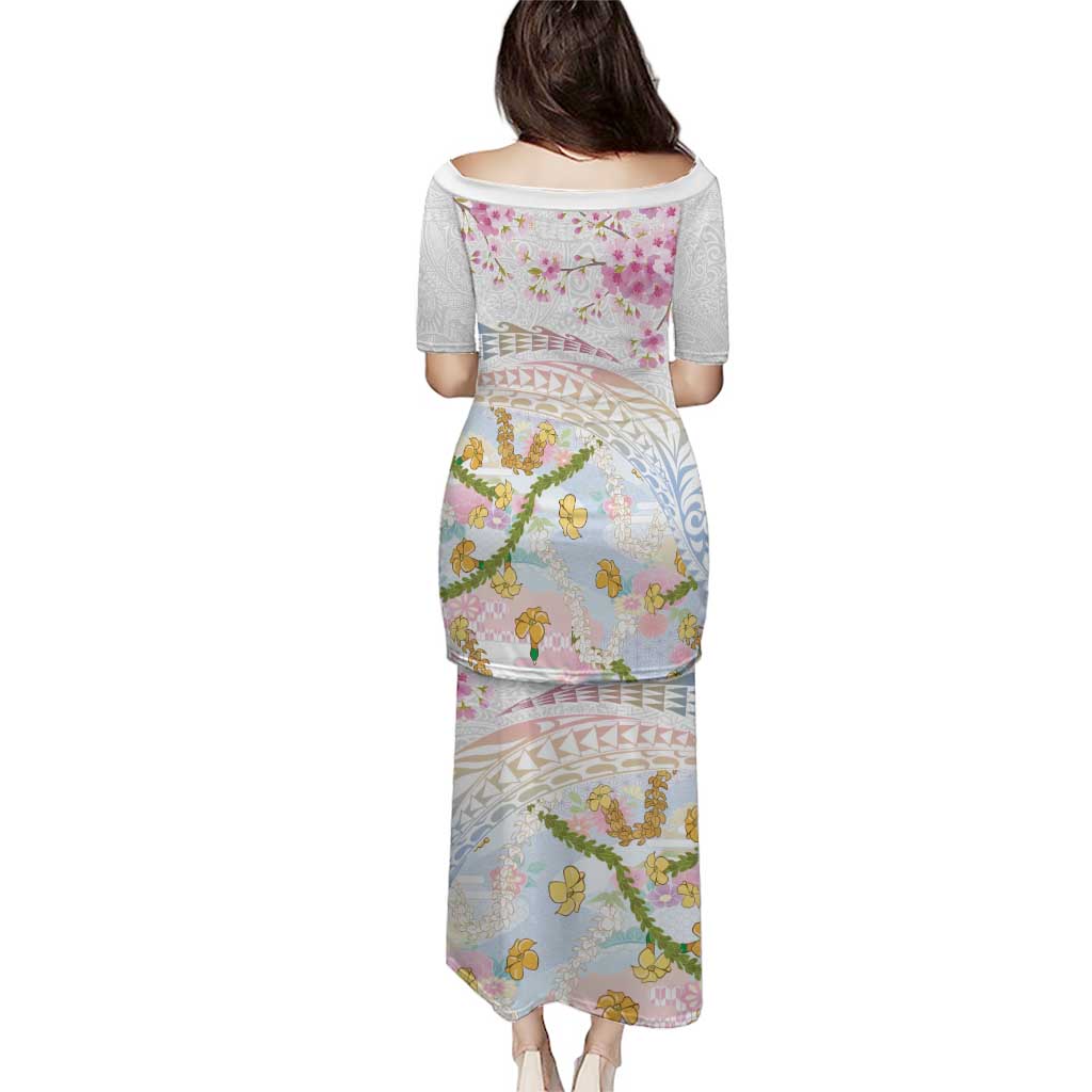 Hawaiian and Japanese Culture Together Family Matching Puletasi and Hawaiian Shirt Tribal Motifs with Lei and Japanese Sakura Pattern