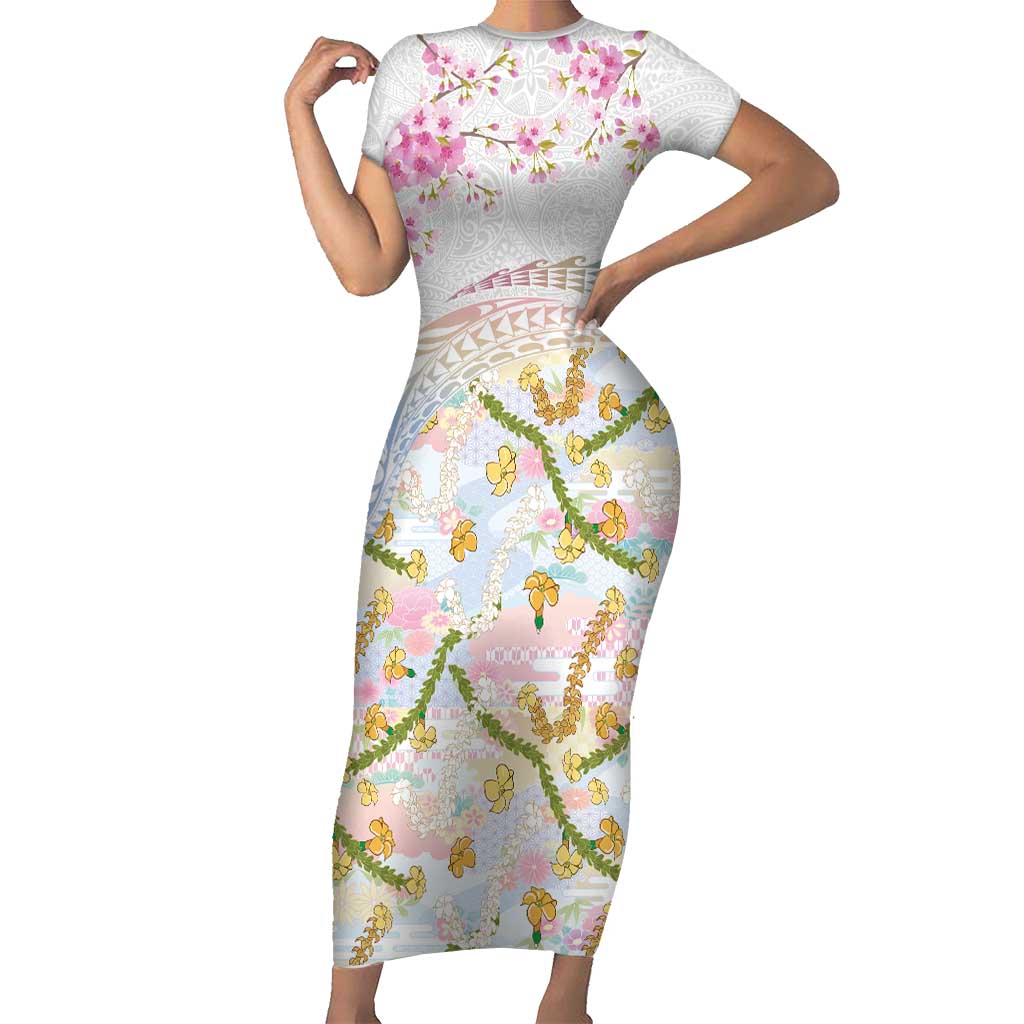 Hawaiian and Japanese Culture Together Family Matching Short Sleeve Bodycon Dress and Hawaiian Shirt Tribal Motifs with Lei and Japanese Sakura Pattern
