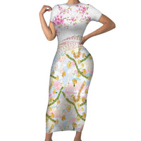 Hawaiian and Japanese Culture Together Family Matching Short Sleeve Bodycon Dress and Hawaiian Shirt Tribal Motifs with Lei and Japanese Sakura Pattern