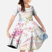 Hawaiian and Japanese Culture Together Family Matching Summer Maxi Dress and Hawaiian Shirt Tribal Motifs with Lei and Japanese Sakura Pattern LT03 Daughter's Dress White - Polynesian Pride