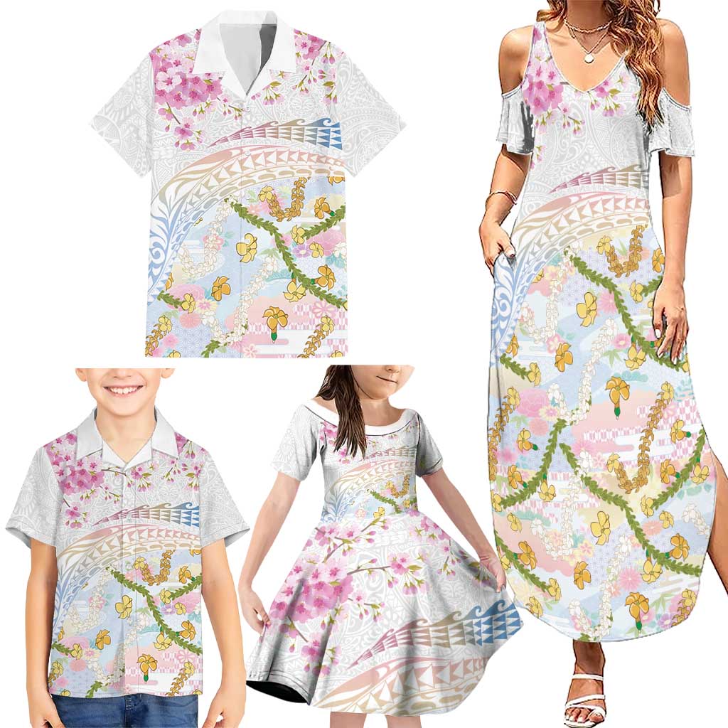 Hawaiian and Japanese Culture Together Family Matching Summer Maxi Dress and Hawaiian Shirt Tribal Motifs with Lei and Japanese Sakura Pattern LT03 - Polynesian Pride