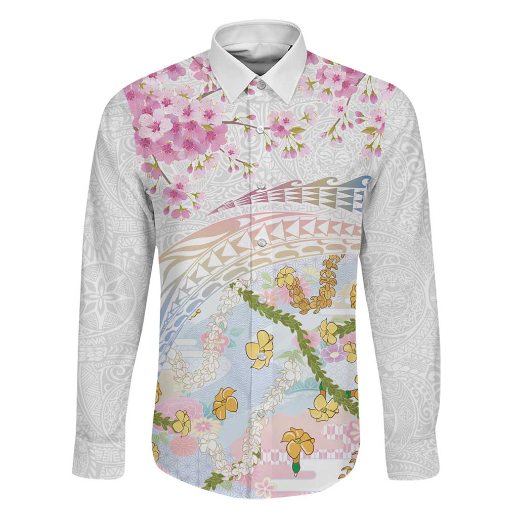 Hawaiian and Japanese Culture Together Family Matching Summer Maxi Dress and Hawaiian Shirt Tribal Motifs with Lei and Japanese Sakura Pattern LT03 Dad's Shirt - Long Sleeve White - Polynesian Pride