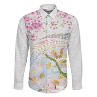 Hawaiian and Japanese Culture Together Family Matching Summer Maxi Dress and Hawaiian Shirt Tribal Motifs with Lei and Japanese Sakura Pattern LT03 Dad's Shirt - Long Sleeve White - Polynesian Pride