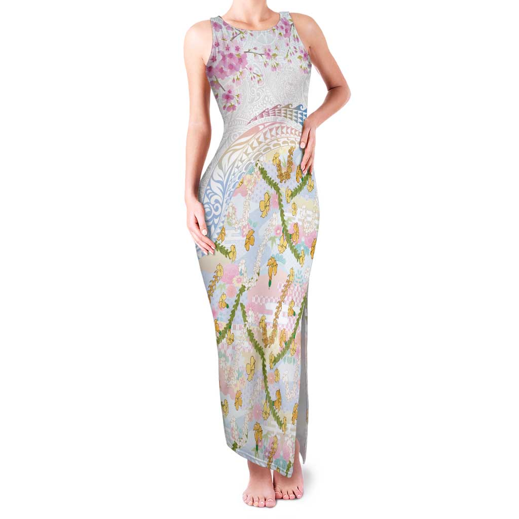 Hawaiian and Japanese Culture Together Family Matching Tank Maxi Dress and Hawaiian Shirt Tribal Motifs with Lei and Japanese Sakura Pattern