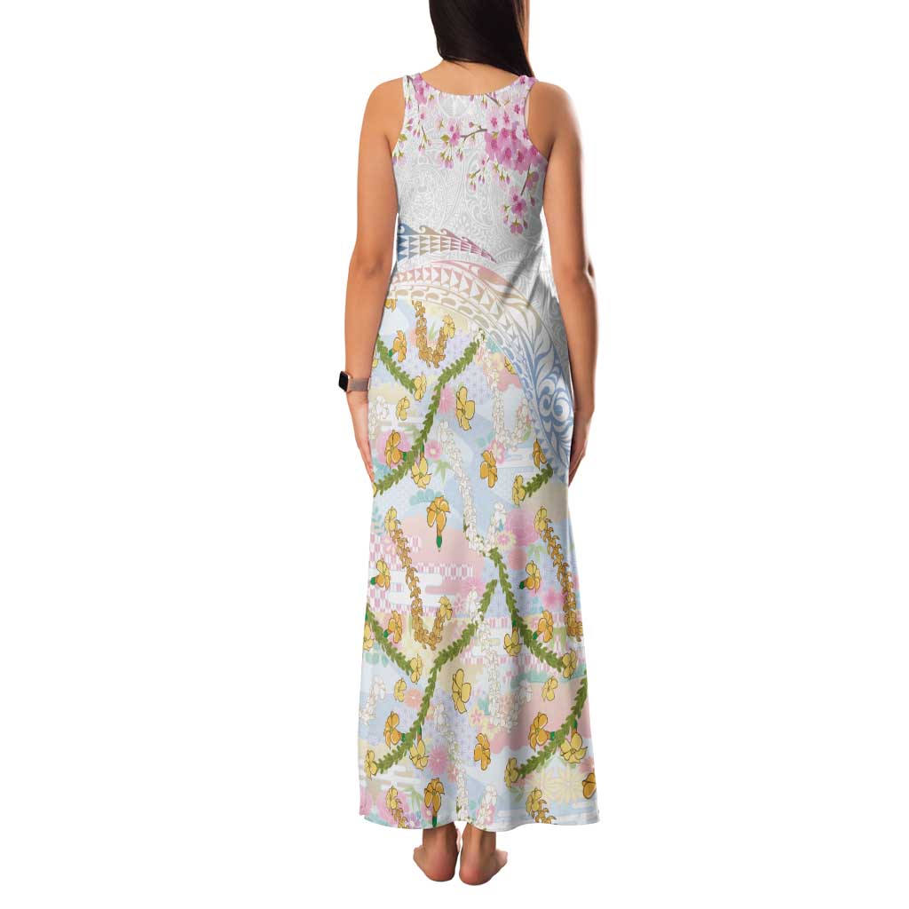 Hawaiian and Japanese Culture Together Family Matching Tank Maxi Dress and Hawaiian Shirt Tribal Motifs with Lei and Japanese Sakura Pattern