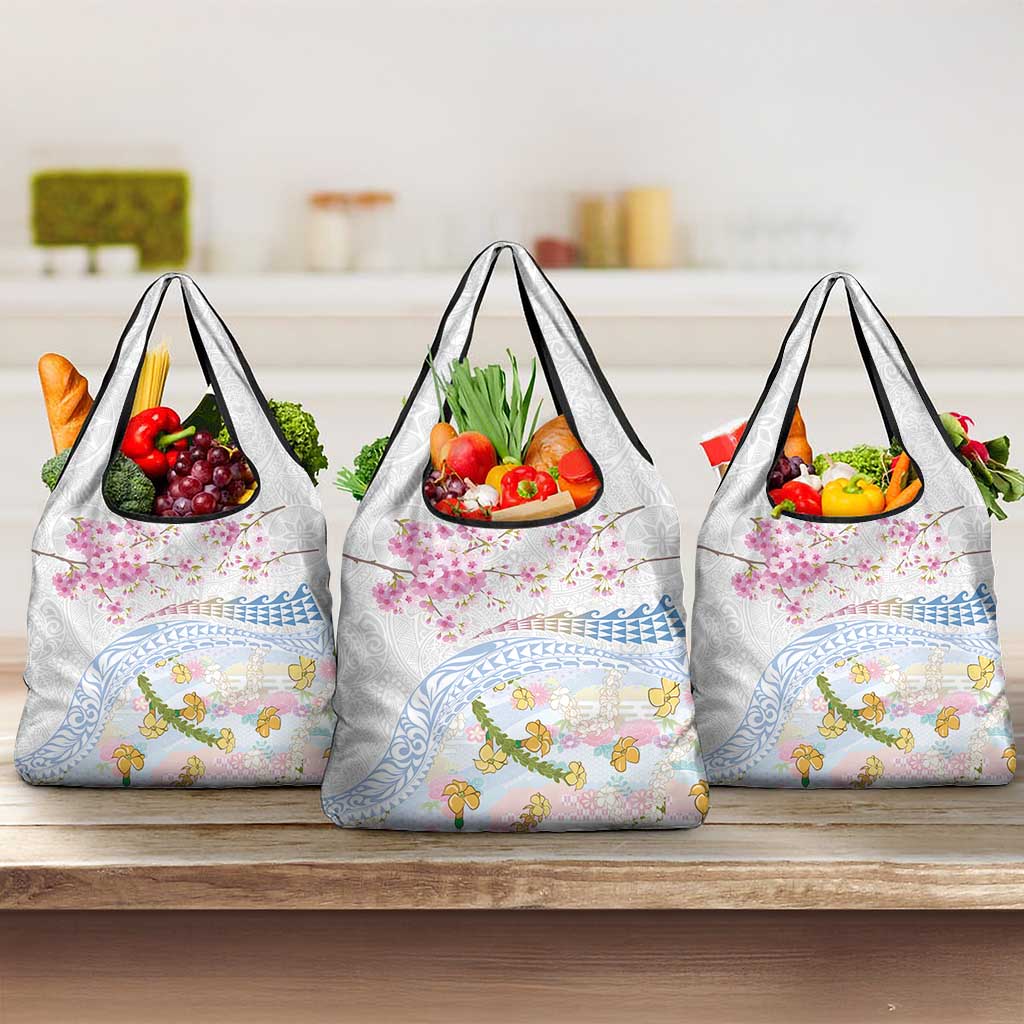 Hawaiian and Japanese Culture Together Grocery Bag Tribal Motifs with Lei and Japanese Sakura Pattern