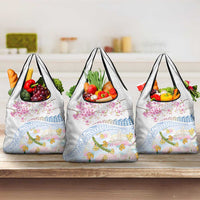 Hawaiian and Japanese Culture Together Grocery Bag Tribal Motifs with Lei and Japanese Sakura Pattern