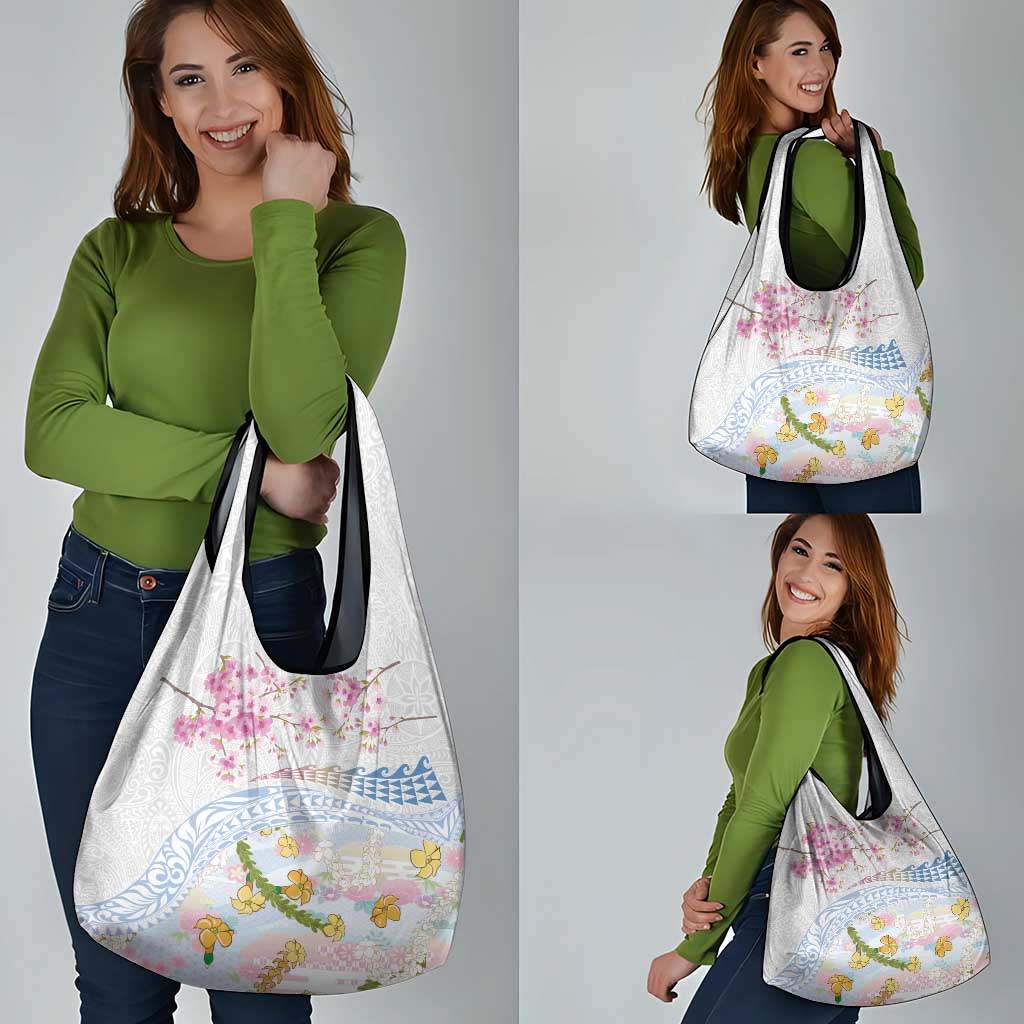 Hawaiian and Japanese Culture Together Grocery Bag Tribal Motifs with Lei and Japanese Sakura Pattern