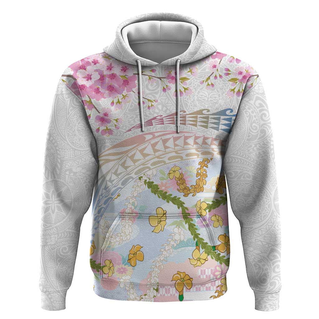 Hawaiian and Japanese Culture Together Hoodie Tribal Motifs with Lei and Japanese Sakura Pattern