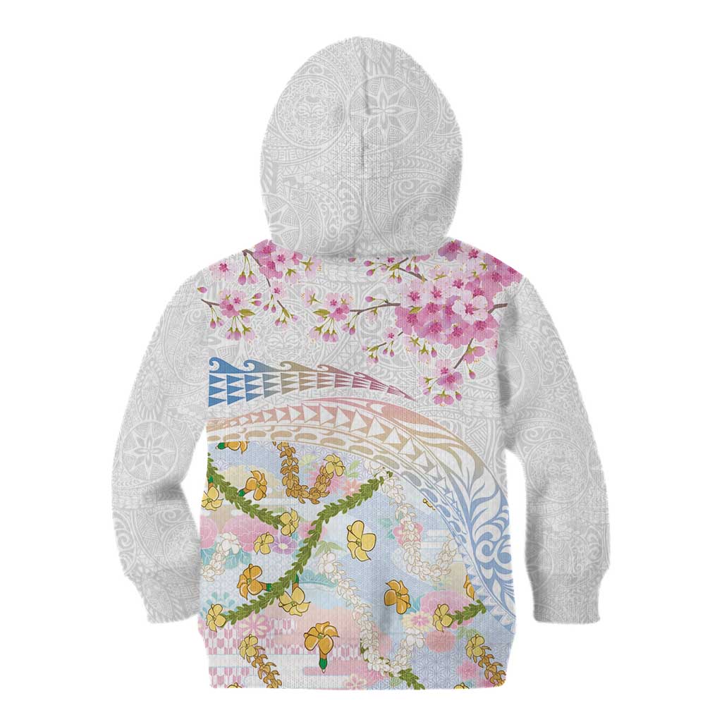 Hawaiian and Japanese Culture Together Kid Hoodie Tribal Motifs with Lei and Japanese Sakura Pattern