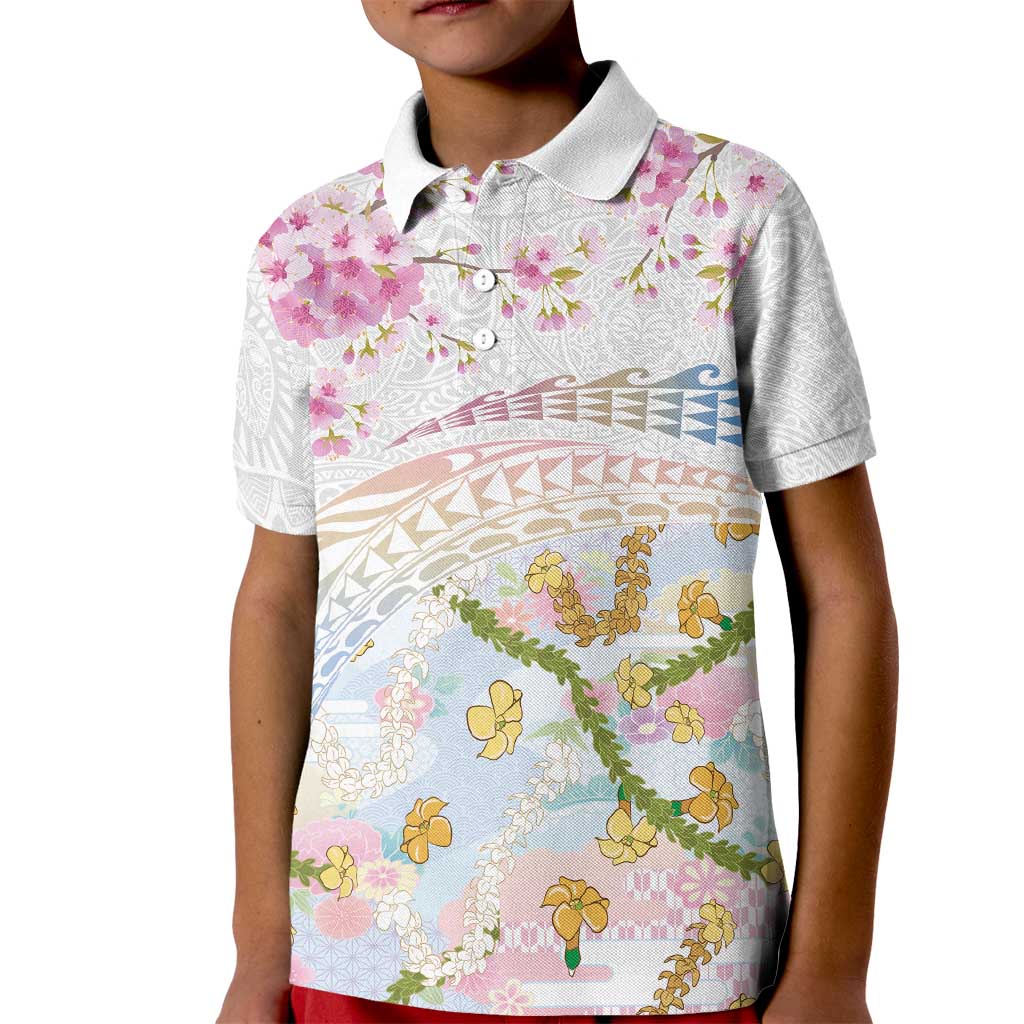 Hawaiian and Japanese Culture Together Kid Polo Shirt Tribal Motifs with Lei and Japanese Sakura Pattern