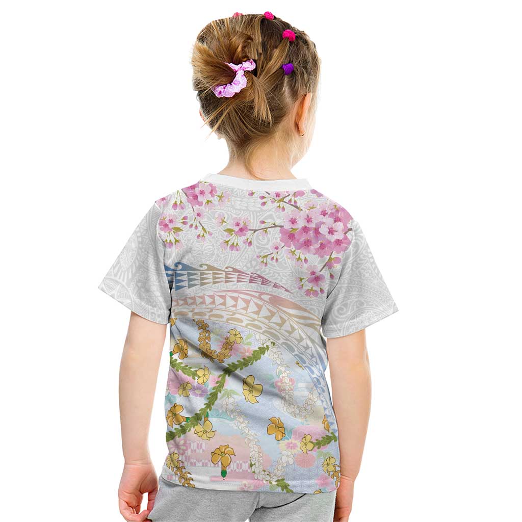 Hawaiian and Japanese Culture Together Kid T Shirt Tribal Motifs with Lei and Japanese Sakura Pattern