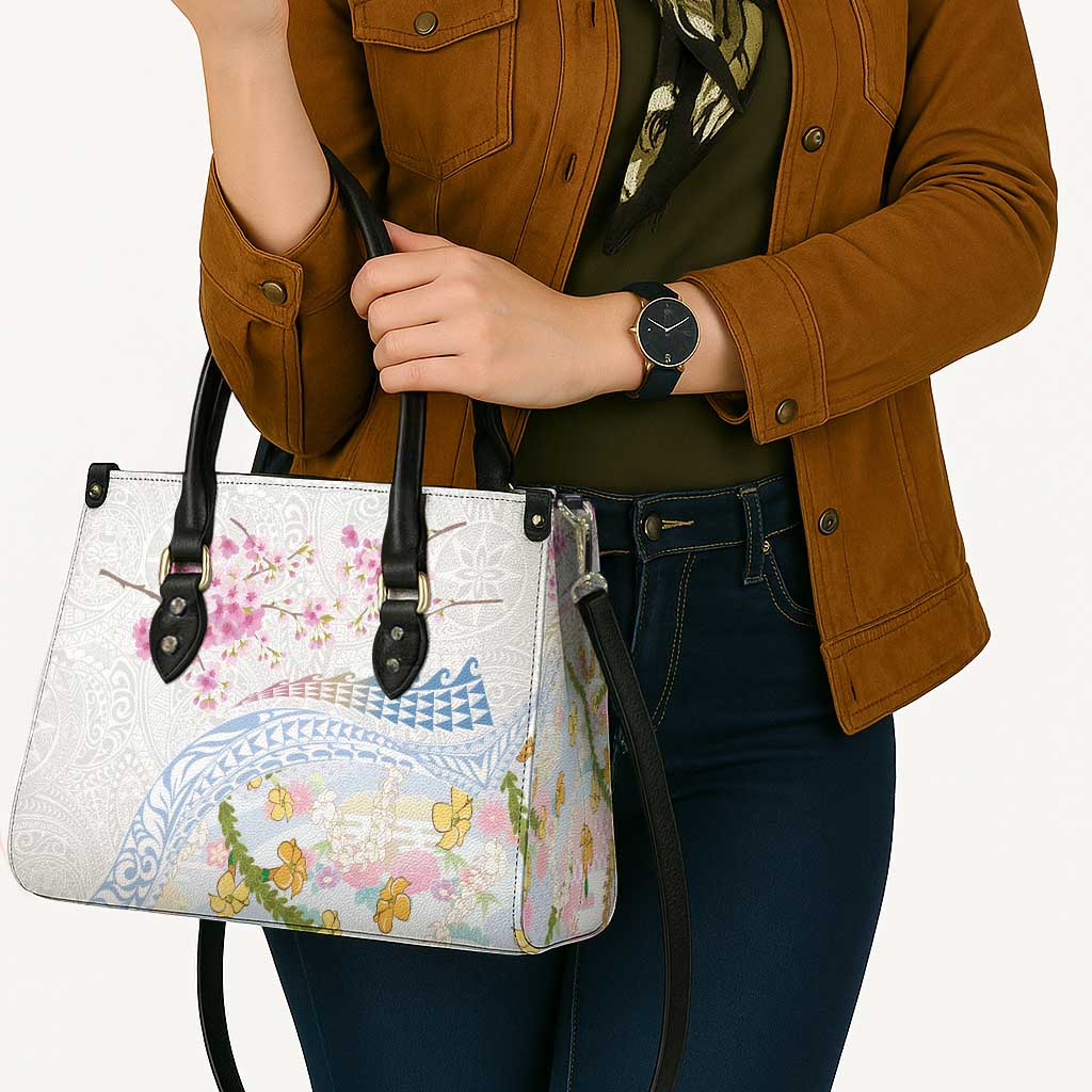 Hawaiian and Japanese Culture Together Leather Bag Tribal Motifs with Lei and Japanese Sakura Pattern