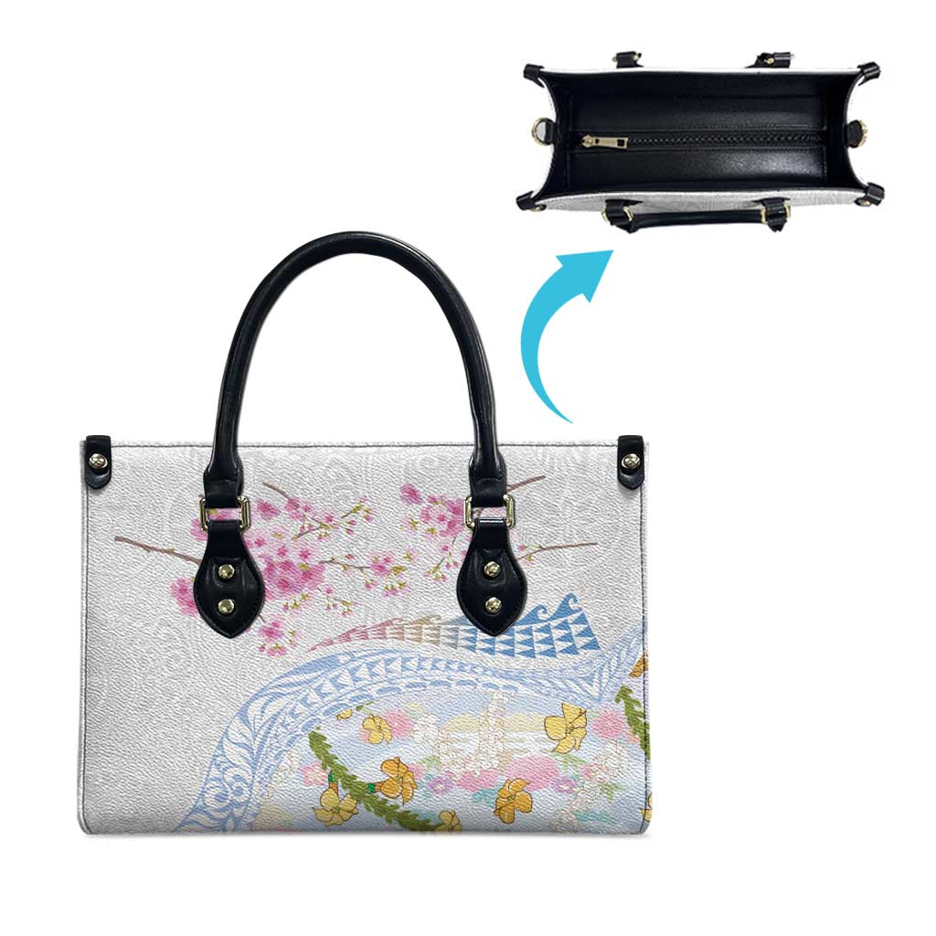Hawaiian and Japanese Culture Together Leather Bag Tribal Motifs with Lei and Japanese Sakura Pattern
