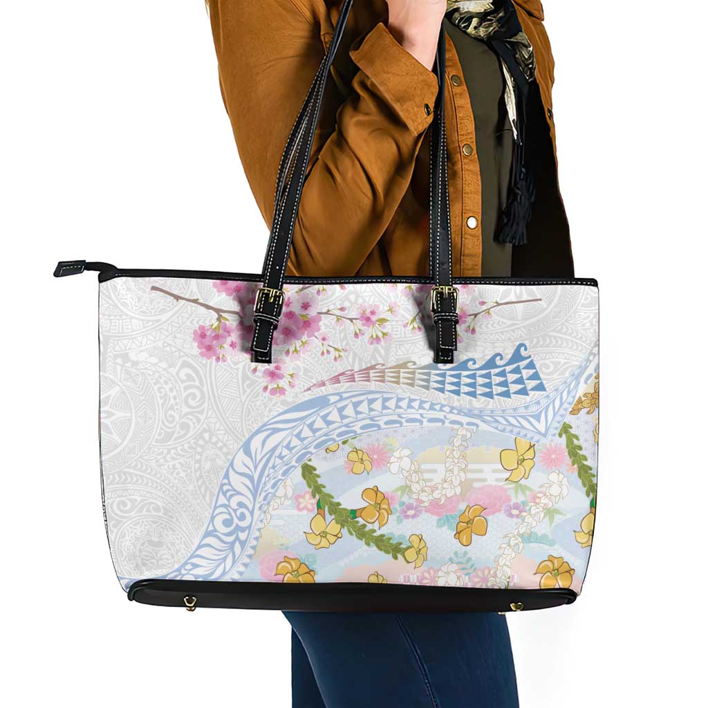 Hawaiian and Japanese Culture Together Leather Tote Bag Tribal Motifs with Lei and Japanese Sakura Pattern