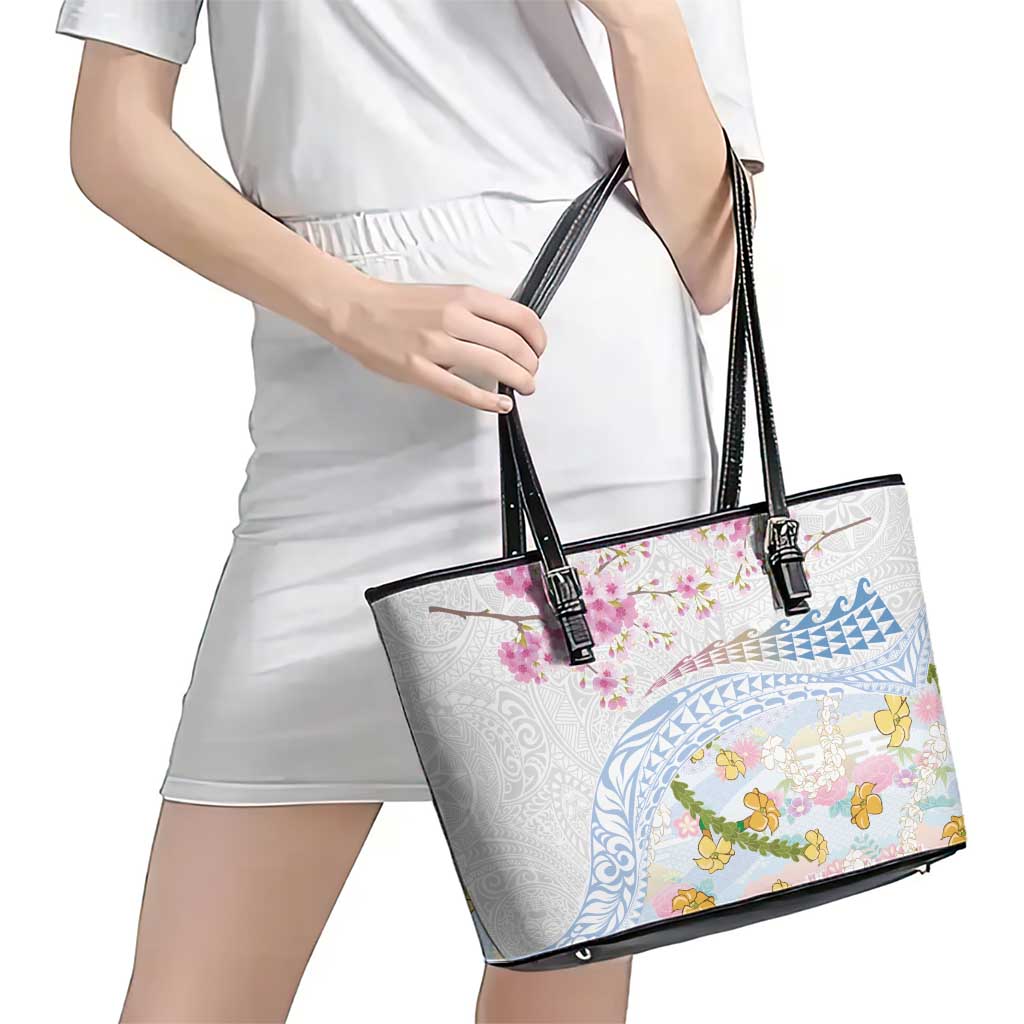 Hawaiian and Japanese Culture Together Leather Tote Bag Tribal Motifs with Lei and Japanese Sakura Pattern