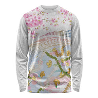 Hawaiian and Japanese Culture Together Long Sleeve Shirt Tribal Motifs with Lei and Japanese Sakura Pattern