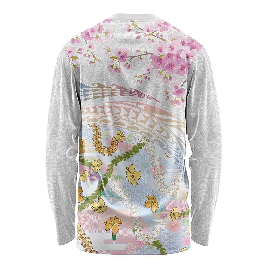 Hawaiian and Japanese Culture Together Long Sleeve Shirt Tribal Motifs with Lei and Japanese Sakura Pattern