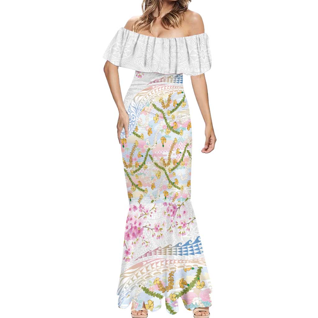 Hawaiian and Japanese Culture Together Mermaid Dress Tribal Motifs with Lei and Japanese Sakura Pattern