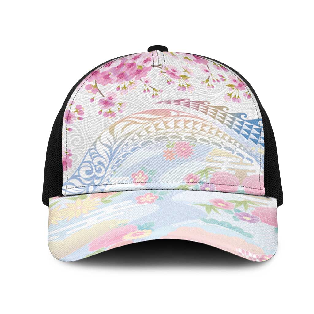 Hawaiian and Japanese Culture Together Mesh Trucker Cap Tribal Motifs with Lei and Japanese Sakura Pattern
