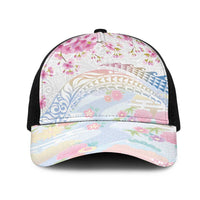 Hawaiian and Japanese Culture Together Mesh Trucker Cap Tribal Motifs with Lei and Japanese Sakura Pattern