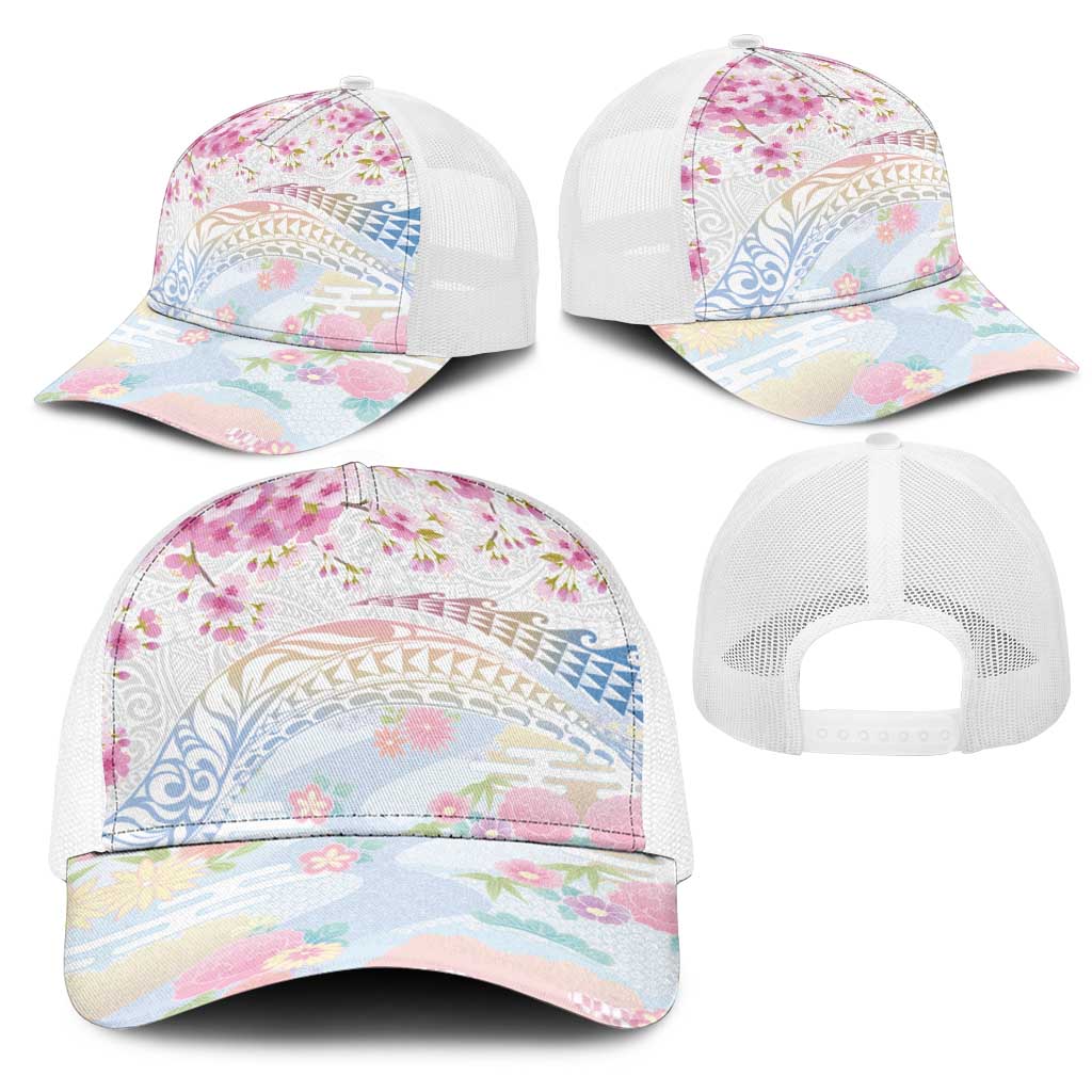 Hawaiian and Japanese Culture Together Mesh Trucker Cap Tribal Motifs with Lei and Japanese Sakura Pattern