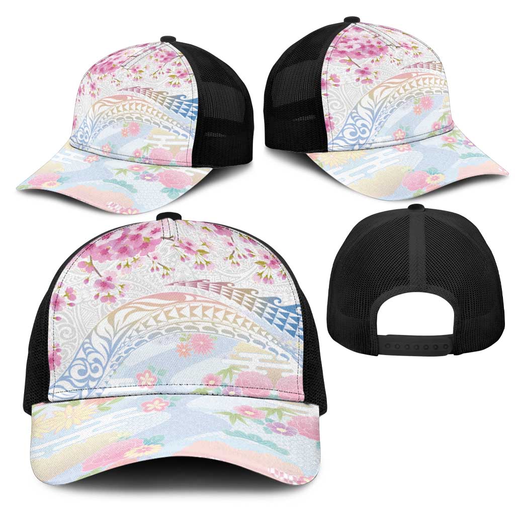 Hawaiian and Japanese Culture Together Mesh Trucker Cap Tribal Motifs with Lei and Japanese Sakura Pattern
