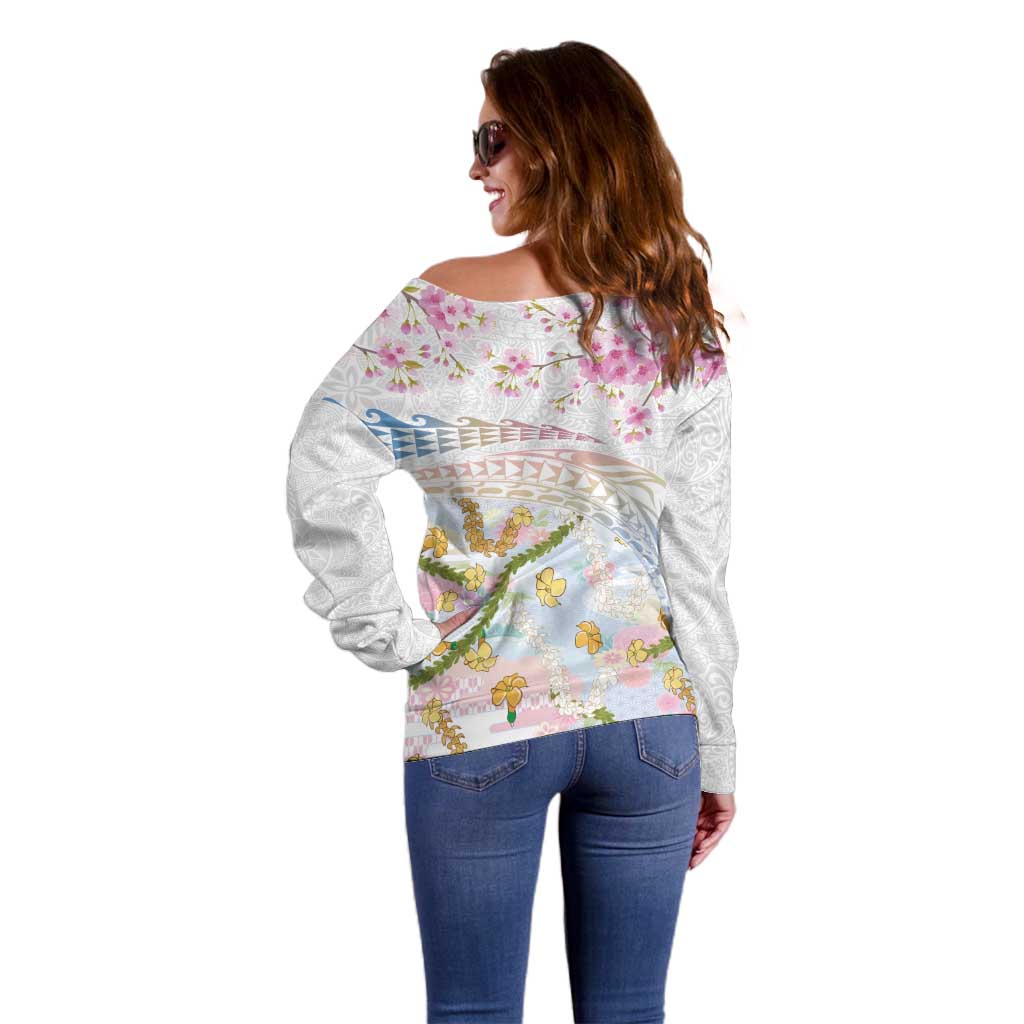 Hawaiian and Japanese Culture Together Off Shoulder Sweater Tribal Motifs with Lei and Japanese Sakura Pattern