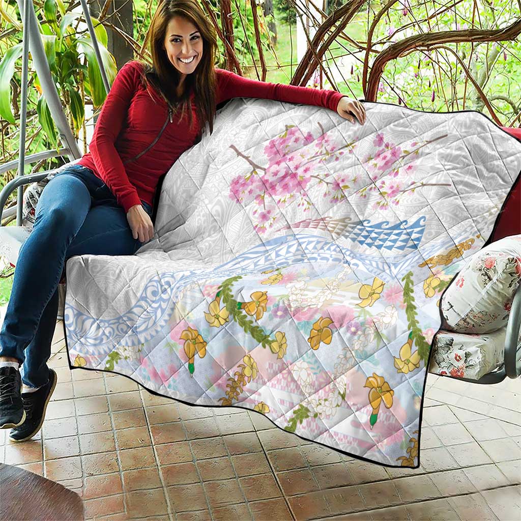 Hawaiian and Japanese Culture Together Quilt Tribal Motifs with Lei and Japanese Sakura Pattern