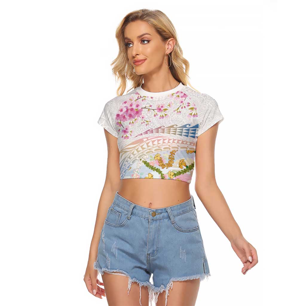 Hawaiian and Japanese Culture Together Raglan Cropped T Shirt Tribal Motifs with Lei and Japanese Sakura Pattern