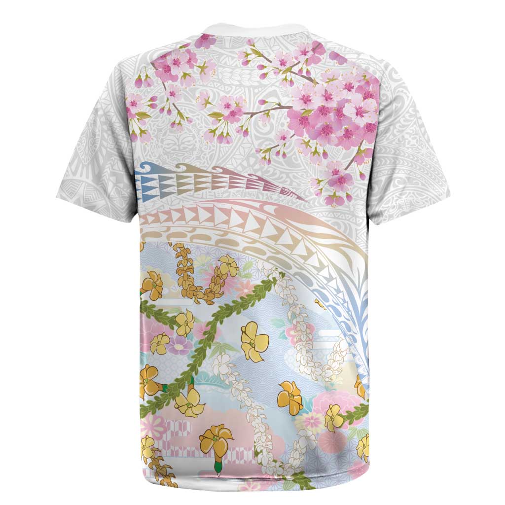 Hawaiian and Japanese Culture Together Rugby Jersey Tribal Motifs with Lei and Japanese Sakura Pattern