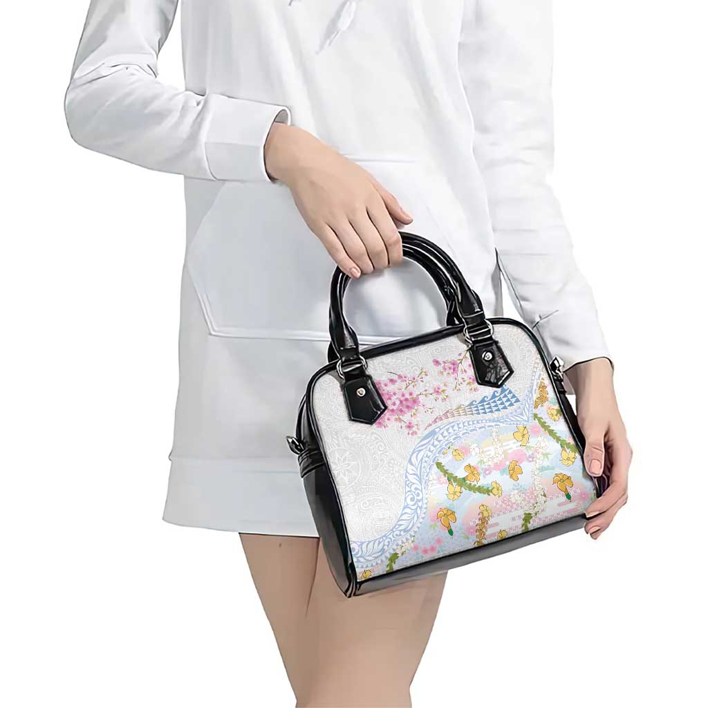 Hawaiian and Japanese Culture Together Shoulder Handbag Tribal Motifs with Lei and Japanese Sakura Pattern