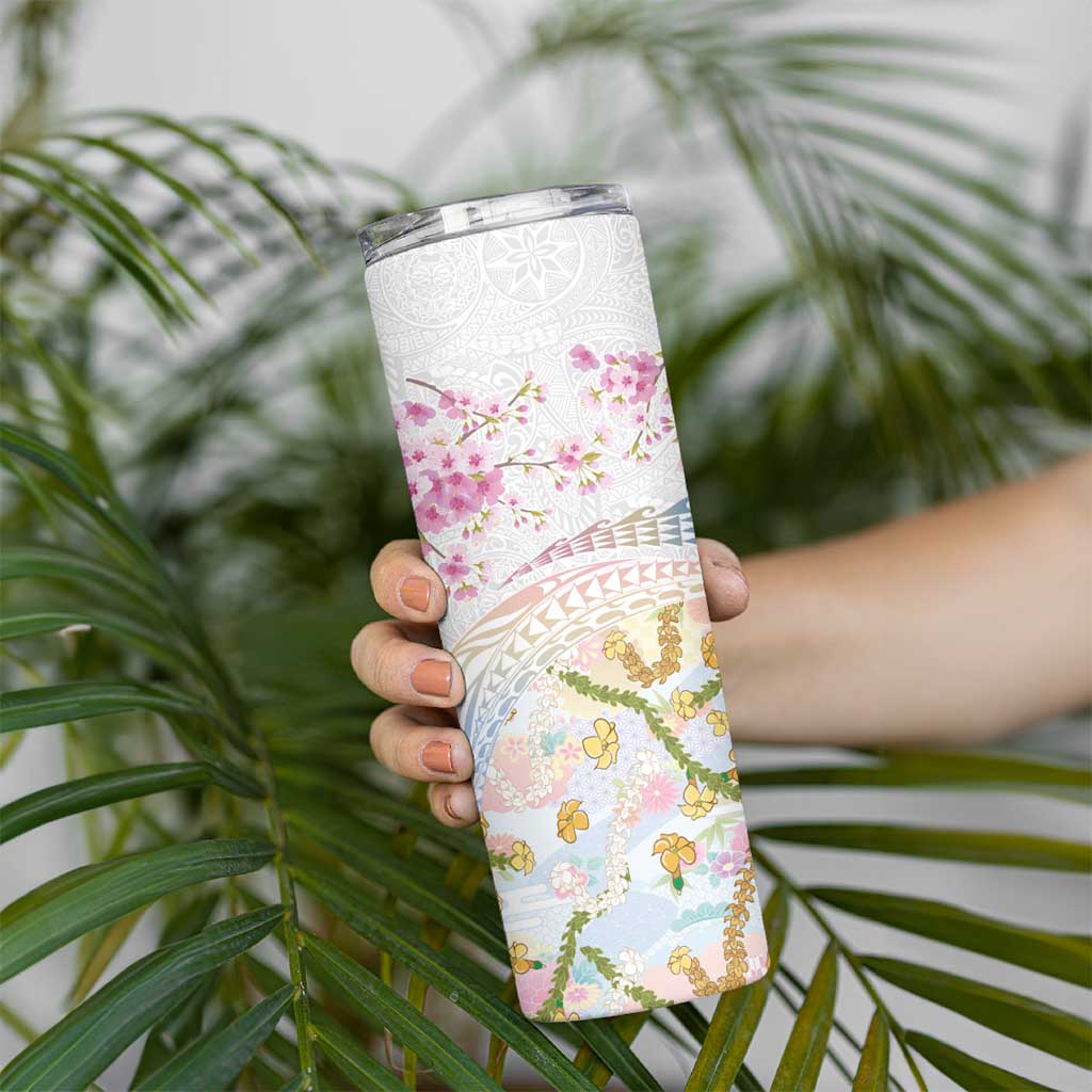 Hawaiian and Japanese Culture Together Skinny Tumbler Tribal Motifs with Lei and Japanese Sakura Pattern