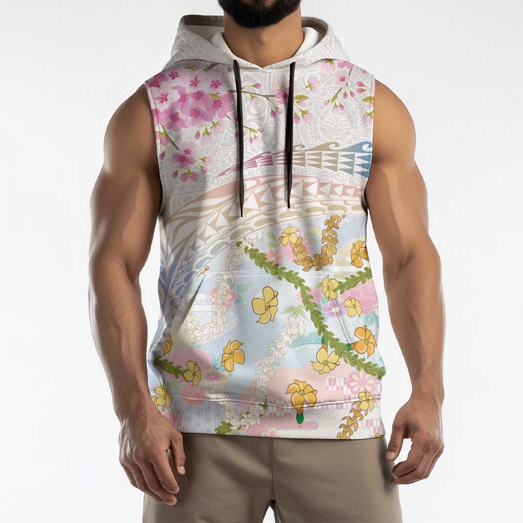 Hawaiian and Japanese Culture Together Sleeveless Hoodie Tribal Motifs with Lei and Japanese Sakura Pattern